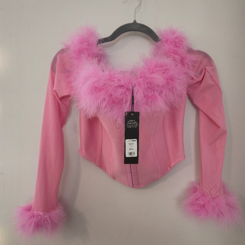 NWT Fashion Nova Pink Feather Trim Corset Top Size L - Picture 3 of 4